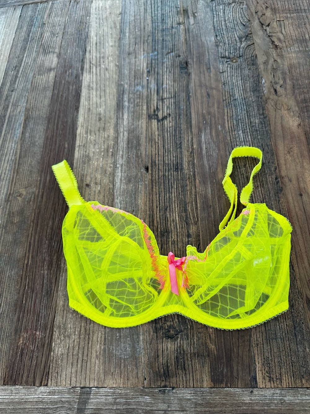 Freya Neon Yellow Lace Underwire Bra with Pink Accent